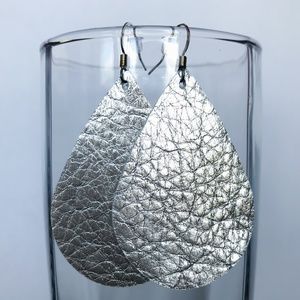 Milled Platinum Silver Teardrop Leather Earrings